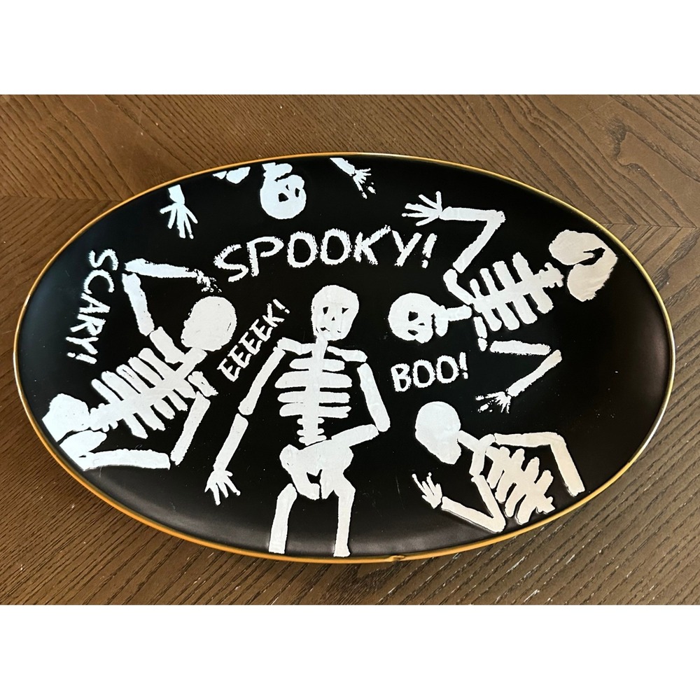InHomestylez Halloween Skeleton Serving Platter Black Gold Oval Tray 16in
